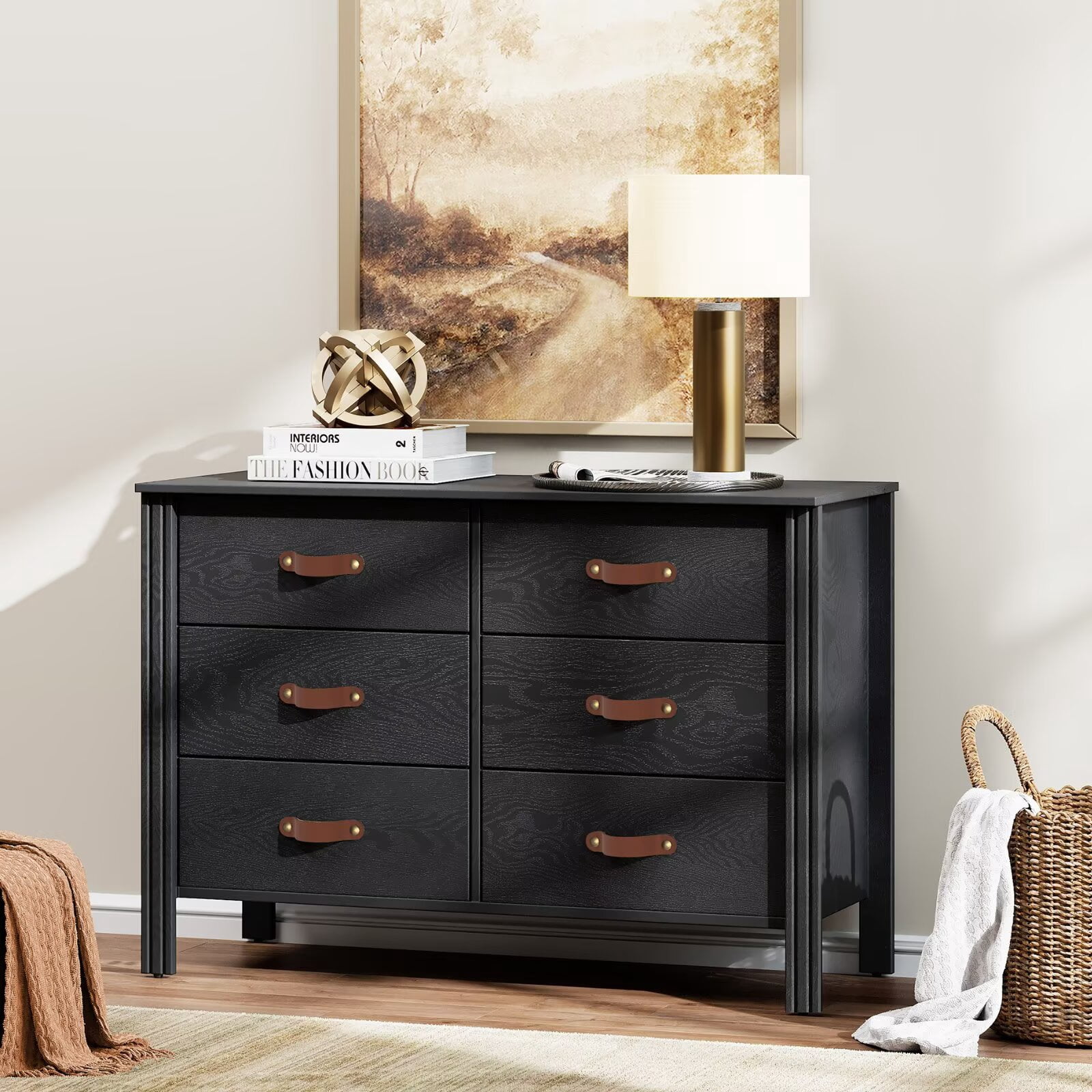 WAMPAT Black Dresser for Bedroom, Wood Dresser with 6 Drawers, Kids Dressers & Chest of Drawers, Classic Storage Cabinet Organizer for Closet, Living Room, Hallway