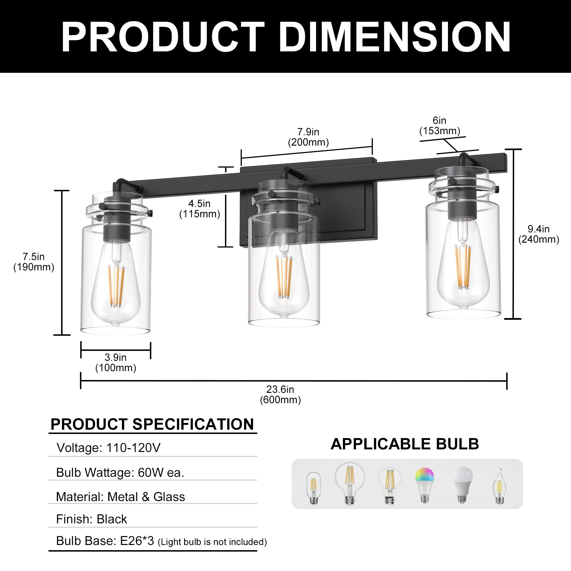 YANSUN 24 in 3-Light Black Modern Cylinder Vanity Light, Clear Glass Bathroom Wall Fixture Over Mirror, for Bathrooms, Powder Rooms, or Vanity Nooks
