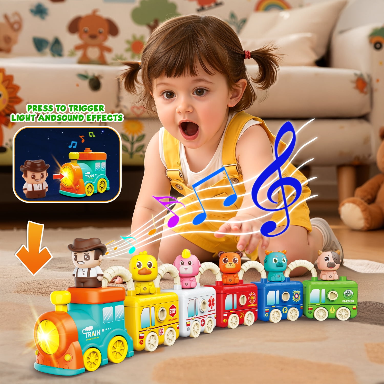 Carsky Montessori Train Toy with Lights & Music, 5-in-1 Vehicle Set w/ Keys, Numbers & Shapes Matching, Finger Puppet Animals&Stackable Cars, Educational Toy Christmas Train Gift for Toddlers 2-5