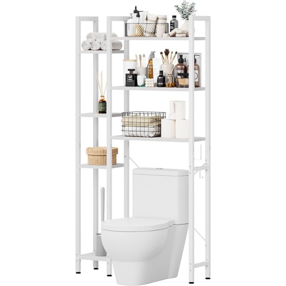 Over The Toilet Storage with 7-Tier Bathroom Organizer Shelf, Freestanding Space Saver with Adjustable Feet & Hooks, Storage Rack for Bathroom, Restroom, Laundry, White