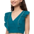 thumbnail image 3 of eloria Women Ruffle Sleeveless&nbsp; Saree Blouse V Neck Summer Casual Sari Top Color : Teal Blue, SIZE : 42, 3 of 5