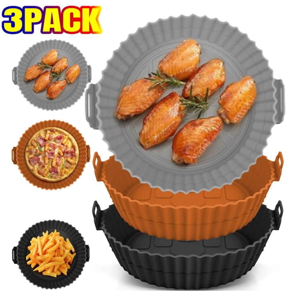 3 Pcs Air Fryer Silicone Liners 8 inch Air Fryer Silicone Pot Reusable Food Grade Silicone Airfryer Liners Replacement of Flammable Disposable Parchment Paper (Black,Grey,Brown)