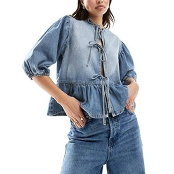 Gupgi Women Blue Denim Shirt Short Sleeve Tie Open Front Ruffle Blouses Summer Peplum Tops