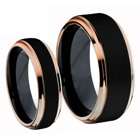 For Him & Her Two-Tone Black IP & Rose Gold IP Step Edge Brushed Center Titanium Wedding Band Ring
