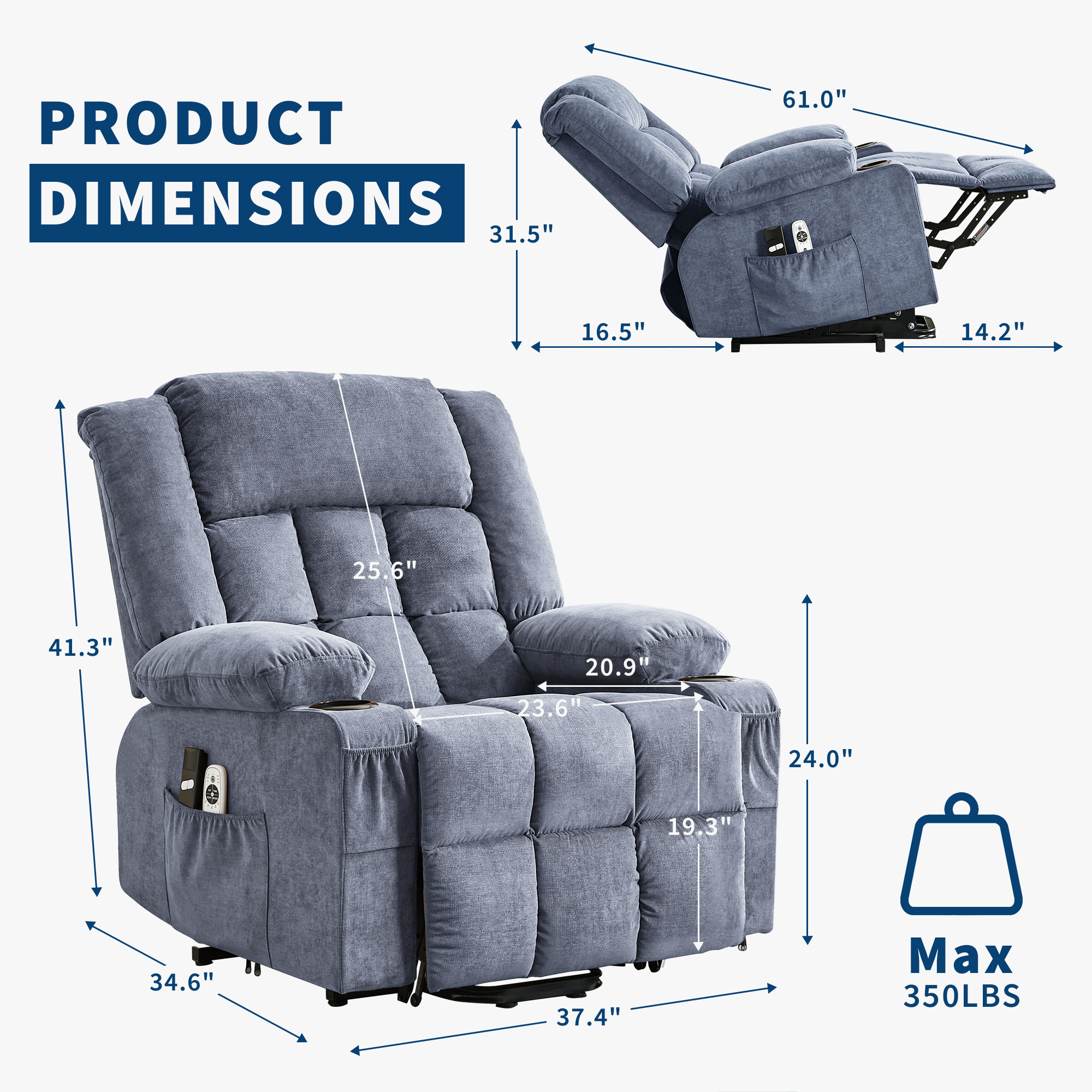 Power Lift Recliner Chair for Elderly – Oversized Wide Sofa with Heat, Vibration, Massage, 3 Positions, Remote Control, USB Charging, Cup Holders, Side Pockets, Ergonomic Living Room Chair, Blue
