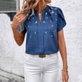 thumbnail image 2 of Tops de Color Sólido para las Mujeres Blusa de Manga Corta Plisada Hueca, Cuello de Pie Top de Moda Casual, 2 of 9