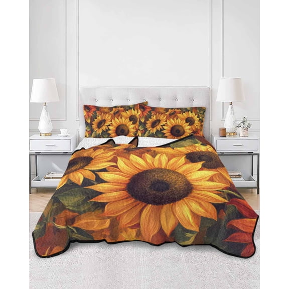 Quilts Queen Size, Sunflower Soft Comforter Bedding Set for Bed, Spring Summer Floral Watercolor Botanical Lightweight Quilted Bedspread with Pillow Cover(2 Pieces) for All Season, 90x96 Inch