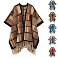 thumbnail image 3 of Gpaecead Plus Size Faux Mink Knit Cape - Plaid Pattern Long Sleeve Shawl With Qipao Style Fringe Coffee, 3 of 3