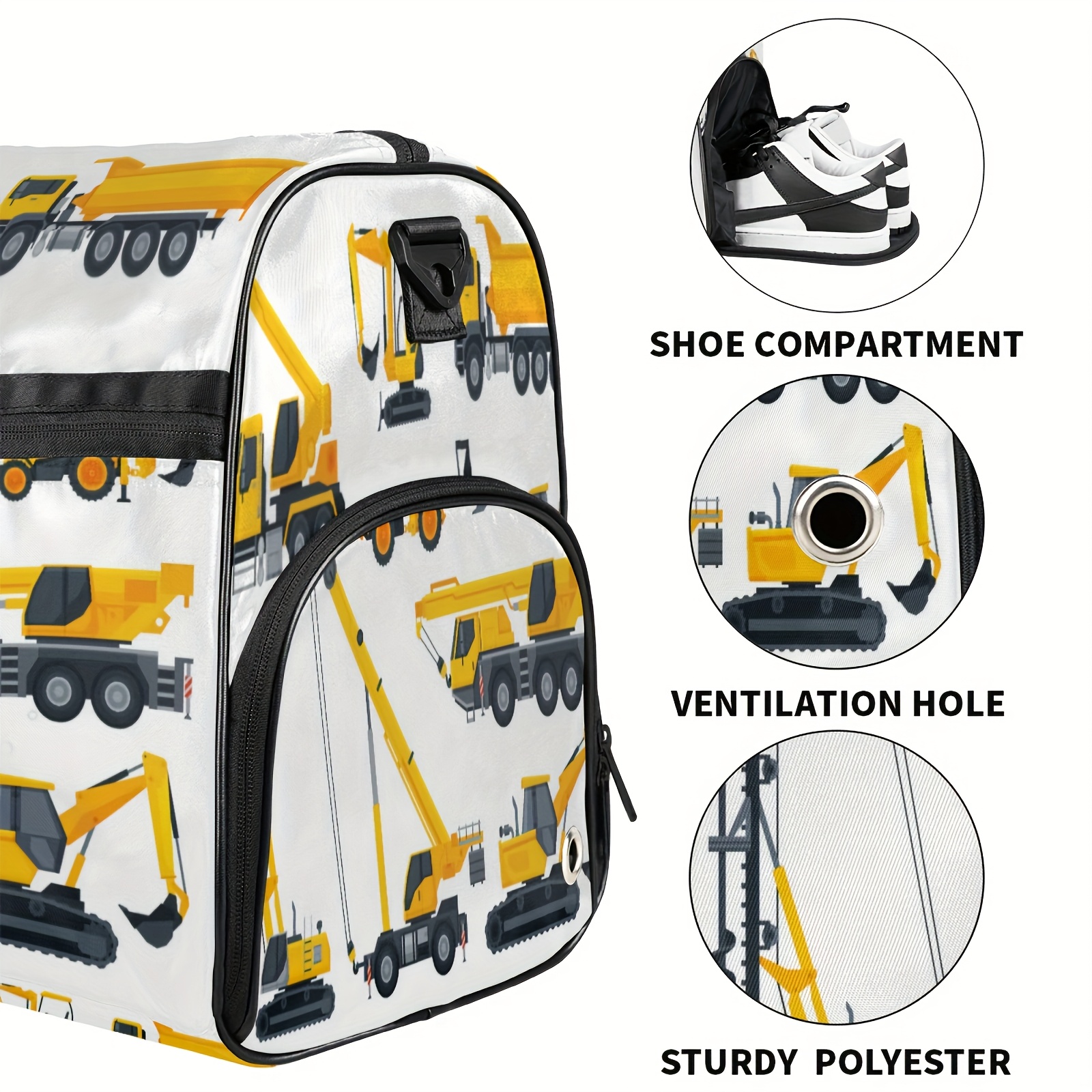 Construction vehicle pattern excavator theme fitness bag, large capacity sports training bag with independent shoe compartment, handbag