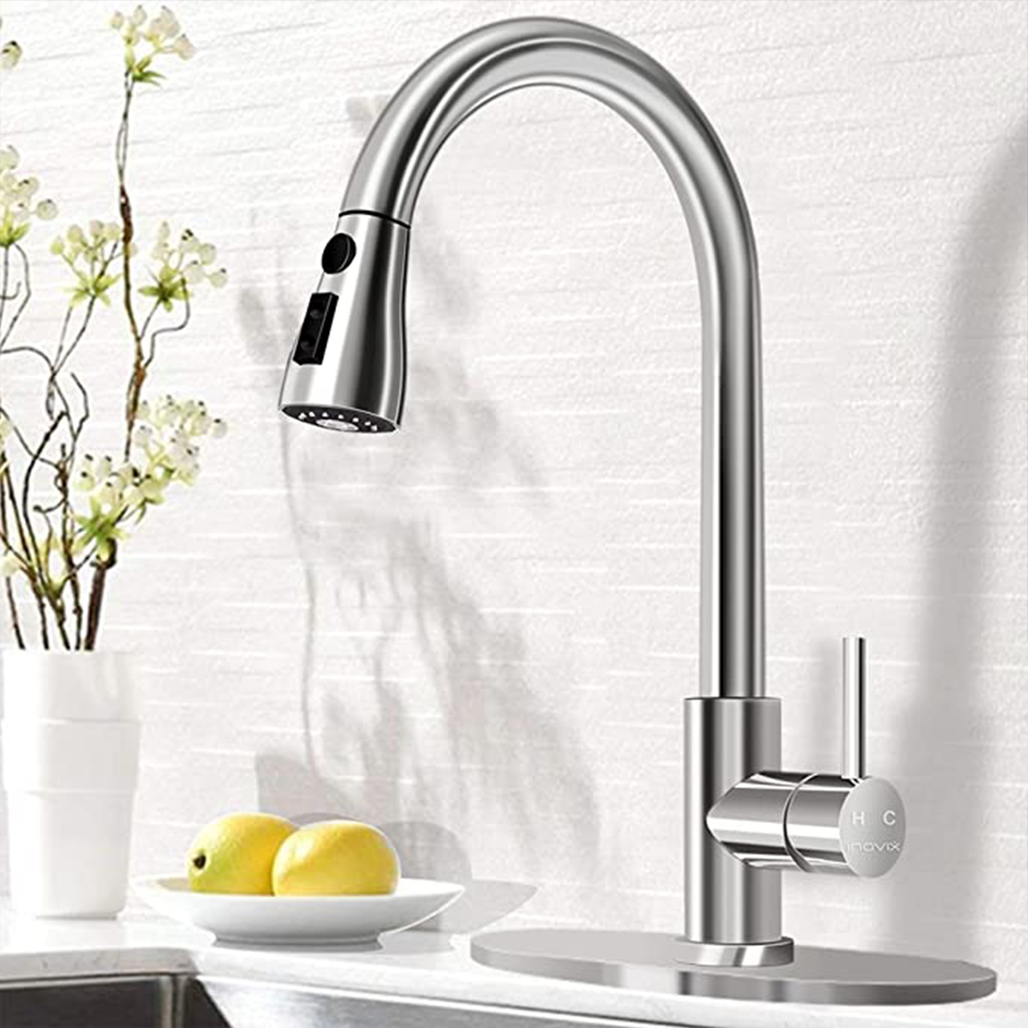 HOMEBYTE Handle & Pull Down Brass Faucets Stainless Steel Brushed Sprayer Kitchen Sink High Arc