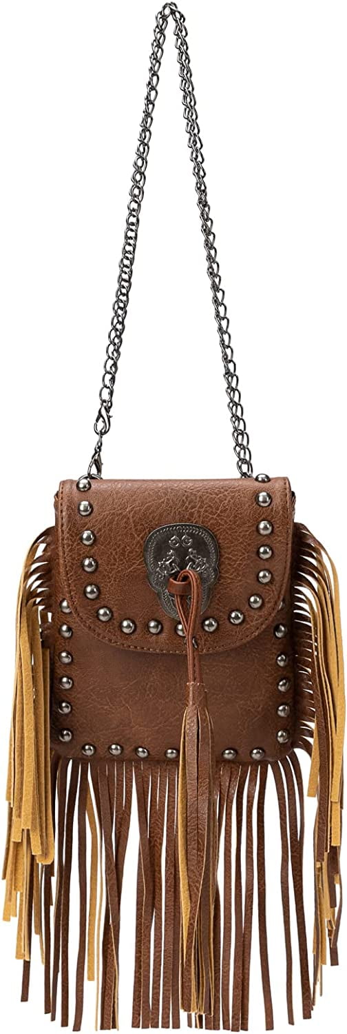 Vintage Crossbody Phone Bag for Women, Small Leather Shoulder Purse and  Handbag with Tassel&Rivet Decoration