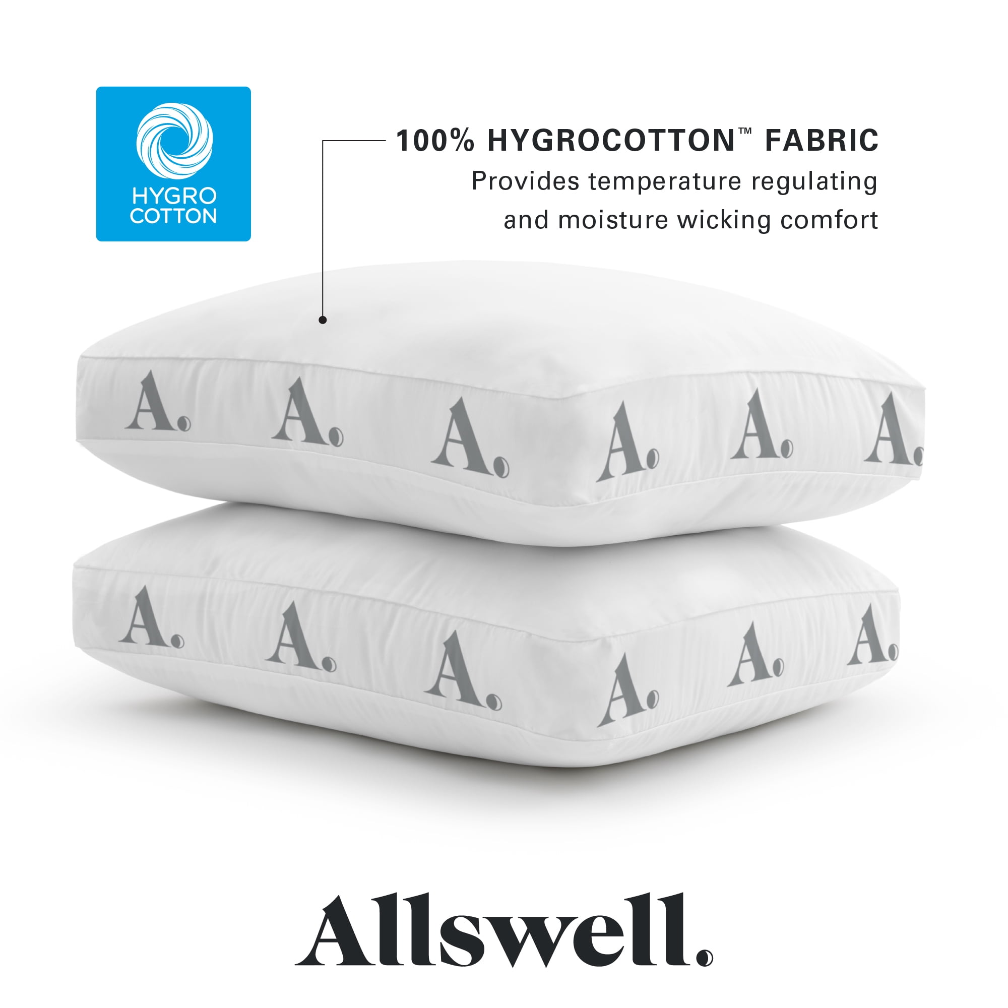 Allswell Side Sleeper Bed Pillow with HYGROCOTTON® Temperature Regulating Cover, Standard/Queen, 2-Pack