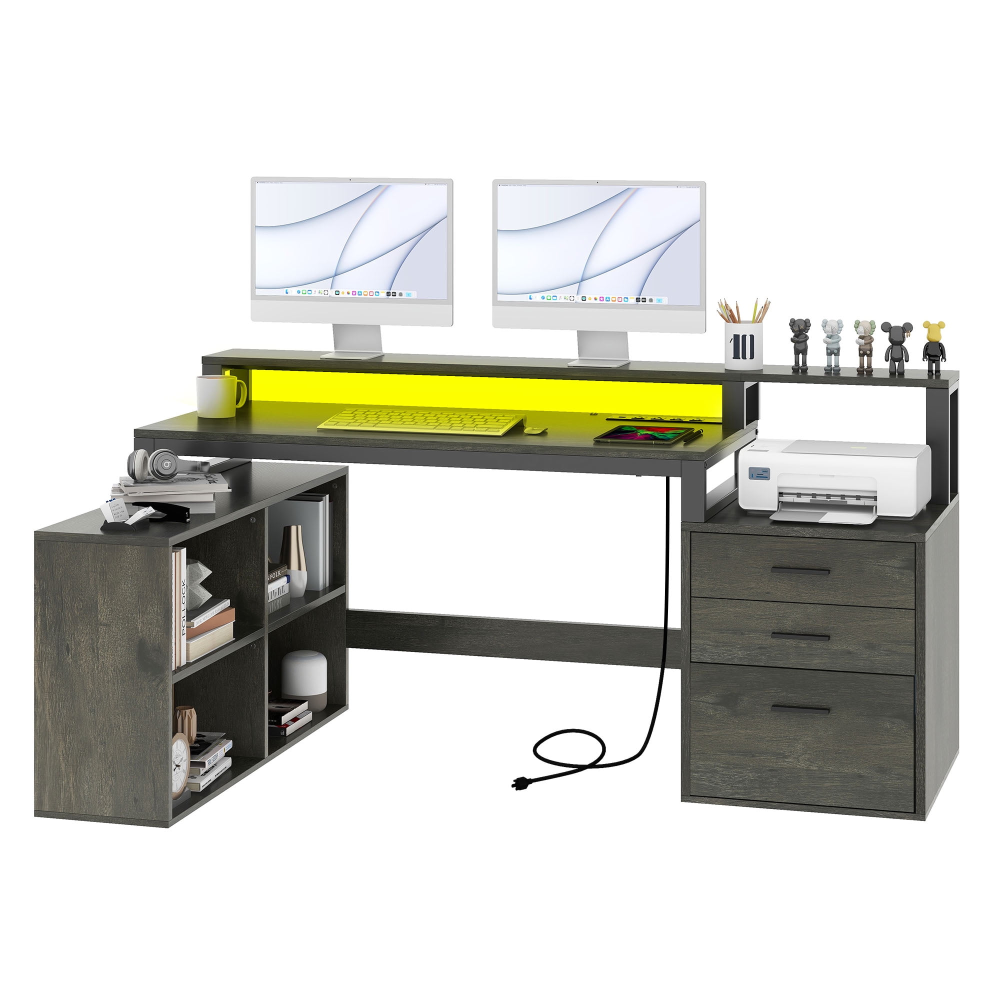 Dextrus L-Shaped Desk with USB Ports & LED Light, Modern Computer Desk with Monitor Stand & 3 Drawers,  White
