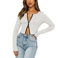 thumbnail image 2 of DuoJiaJ Women'S Solid Color Zipper Long Sleeve Plunging Neckline Top Sexy Slim Scrunchy Knit Bottoming Shirt Women’s High-Neck Workout Tops White, 2 of 5