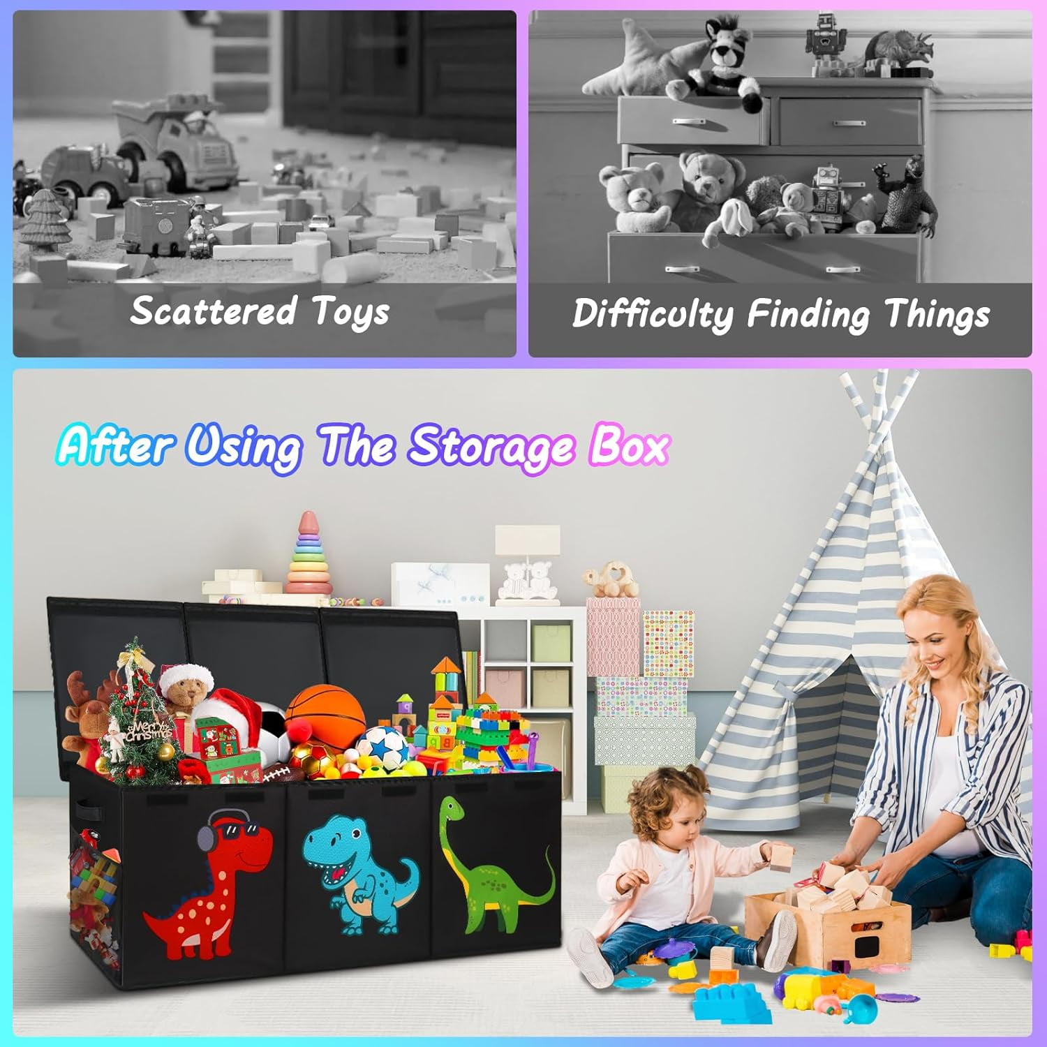 Toy storage box with lid, dinosaur toy box, unisex, 40" x 16" x 16" size, suitable for living room, playroom, bedroom, nursery.