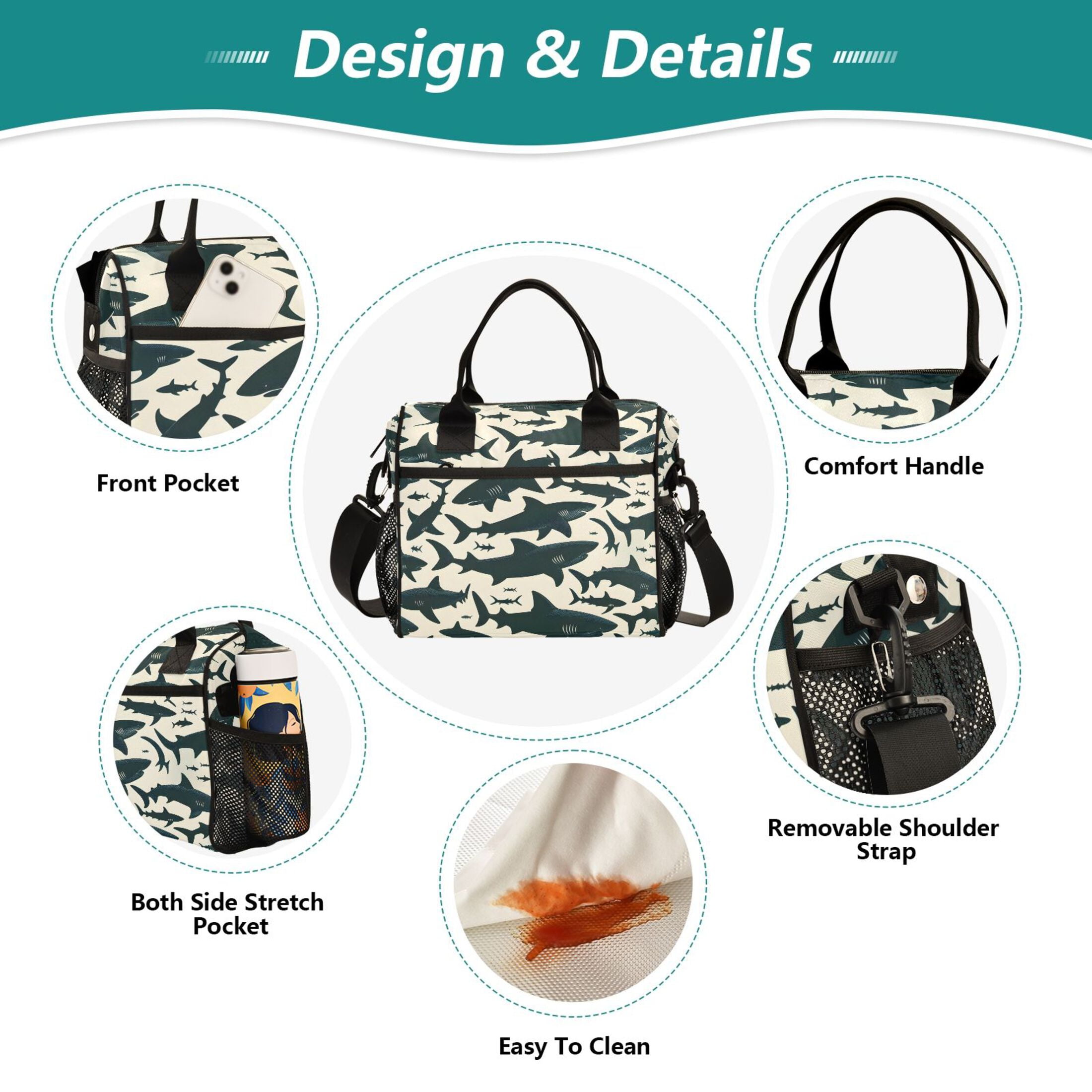 Shark Silhouette Lunch Bag Insulated Lunch Box Leakproof Reusable Cooler Tote Adjustable Shoulder Strap for Men Women 12L