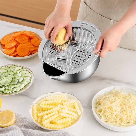 4-in-1 Rice Washer Strainer Bowl with Grater and Side Drain, Stainless Steel Kitchen Colander