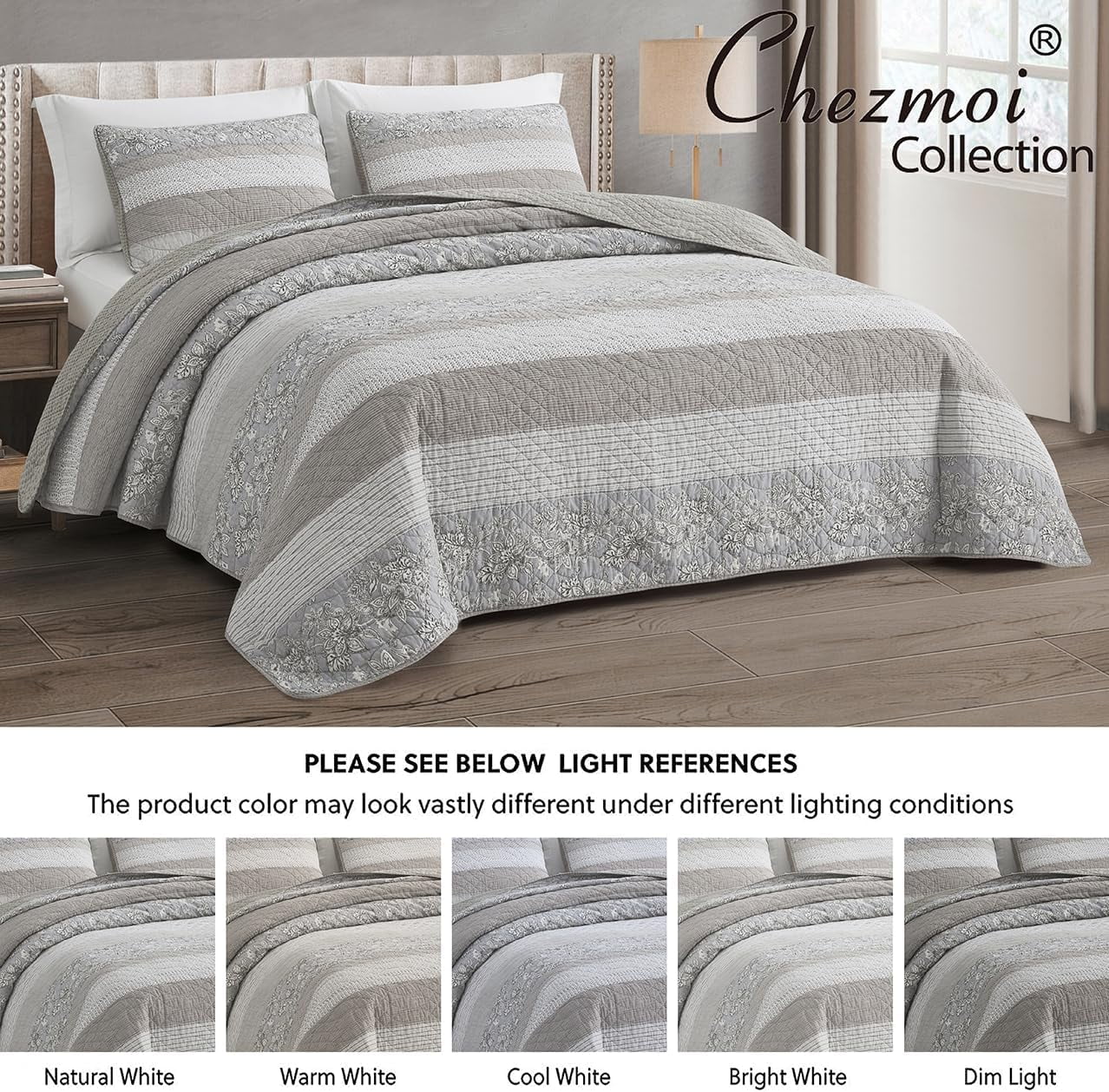 Chezmoi Collection 3-Piece Hibiscus Plaid Striped Patchwork Cotton Quilt Reversible Lightweight Bedspread Set, Super Wide King Size