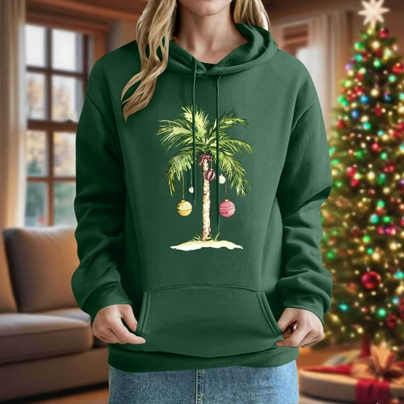 Women's Hoodies Christmas Tree Print Long Sleeves Pullover Hoodie Oversized Cozy Fall Winter Sweatshirt with Kangaroo Pocket