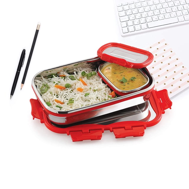 Click It Steel Insulated Lunch Box - Red | 2 Container Tiffin For Men & Women - Snacks Tiffin For Kids With Veg Box | Leak Proof & Unbreakable Lid
