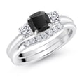 thumbnail image 2 of 10K White Gold Black Onyx White Moissanite and Lab Grown Diamond 3 Stone Bridal Engagement Wedding Ring Set for Women (0.87 Cttw, 5MM and 3MM Cushion Cut, Available in Size 5, 6, 7, 8, 9), 2 of 6