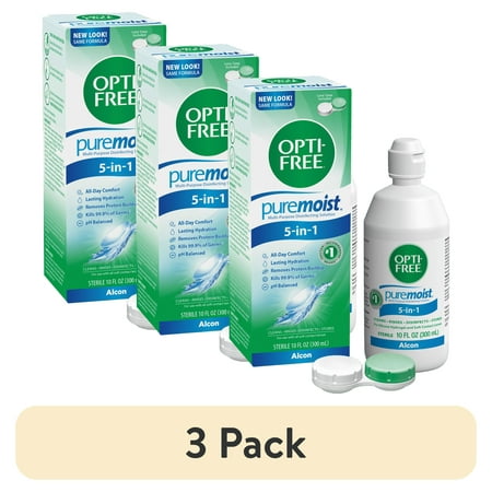 (3 pack) OPTI-FREE Puremoist Multi-Purpose Contact Lens Liquid Solution for Daily Contact Lens Cleaning Use, 10 fl oz