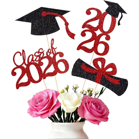 Double-sided 16PCS Graduation Cake Toppers - Class of 2026 Centerpieces Picks for Graduation Theme Party Decorations Supply (Red)