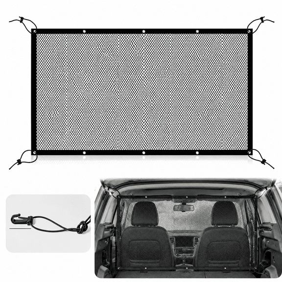 Car Dog Barrier Net Universal Dog Barrier for Car with Adjustable Ropes and Hooks One-Piece Design Mesh for Most Cars, SUVs, Pickups, Trucks and Vans(45x29 Inches)
