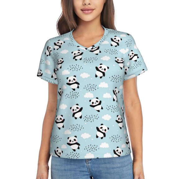 Xecao Cute Panda Bear for Women's V-Neck T-Shirts-Elegant Half-Sleeve Tops Perfect for Summer-Small