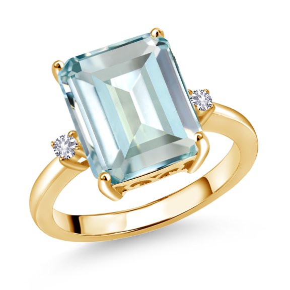 Gem Stone King 18K Yellow Gold Plated Silver 12X10MM Sky Blue Simulated Aquamarine and 2MM White Created Sapphire 3 Stone Engagement Ring for Women | 5.49 Cttw | Gemstone March Birthstone | Size 5