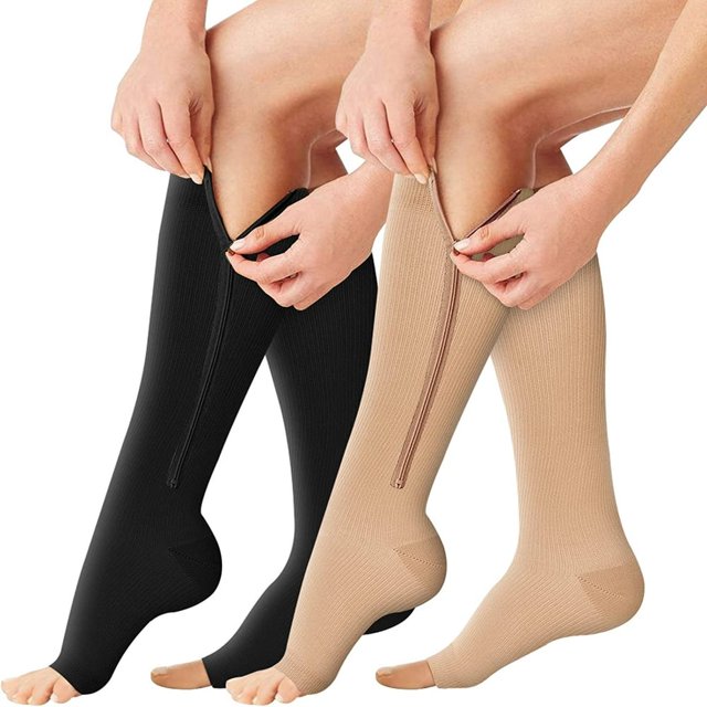 JUNWELL Zipper Compression Socks - 2 Pairs 15-20mmHg Open Toe Toeless Compression Socks for Women and Men