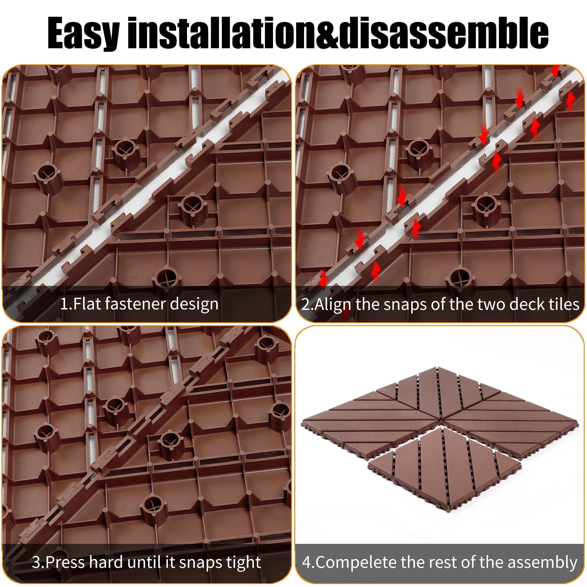 44 Pack Plastic Interlocking Deck Tiles,12"x12" Waterproof Indoor/Outdoor Floor Tiles,All-Weather Patio Floor Decking Tiles for Garden,Lawn,Porch,Poolside,Balcony,Style 01,Brown