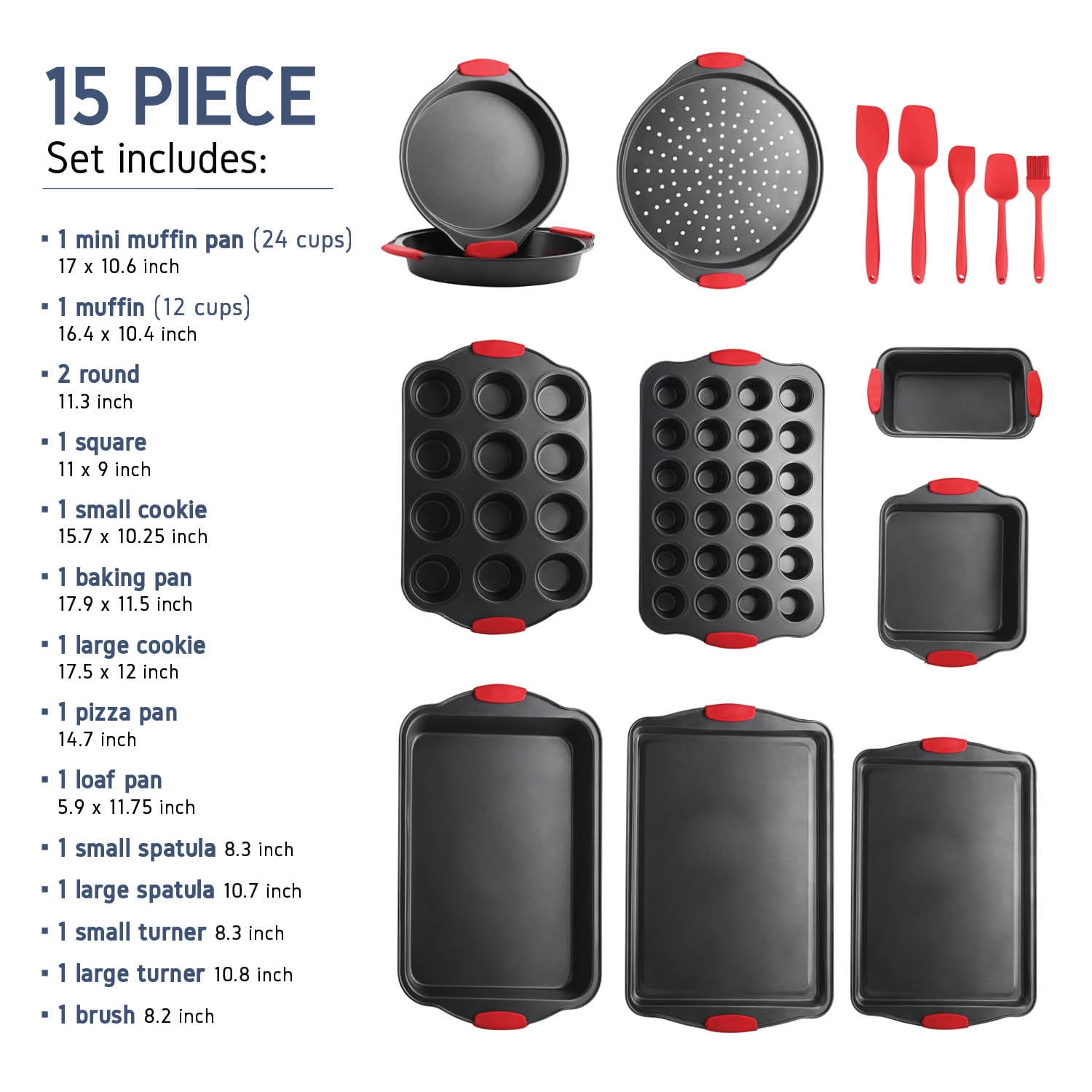 Virtu Bakeware Sets, 15 PC Nonstick Baking Pan Set - Carbon Steel Baking Set with Silicone Handles Including Baking Sheet, Cookie Sheet, Muffin Pan Sheet - Black