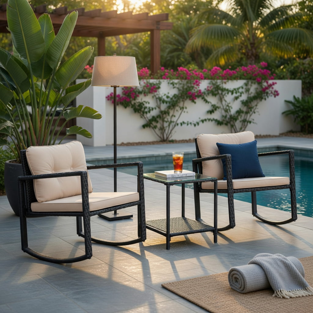 Hommoo 3-Piece Wicker Rocking Bistro Set, Outdoor Patio Chairs + Tempered Glass Coffee Table with Storage Shelf, Brown