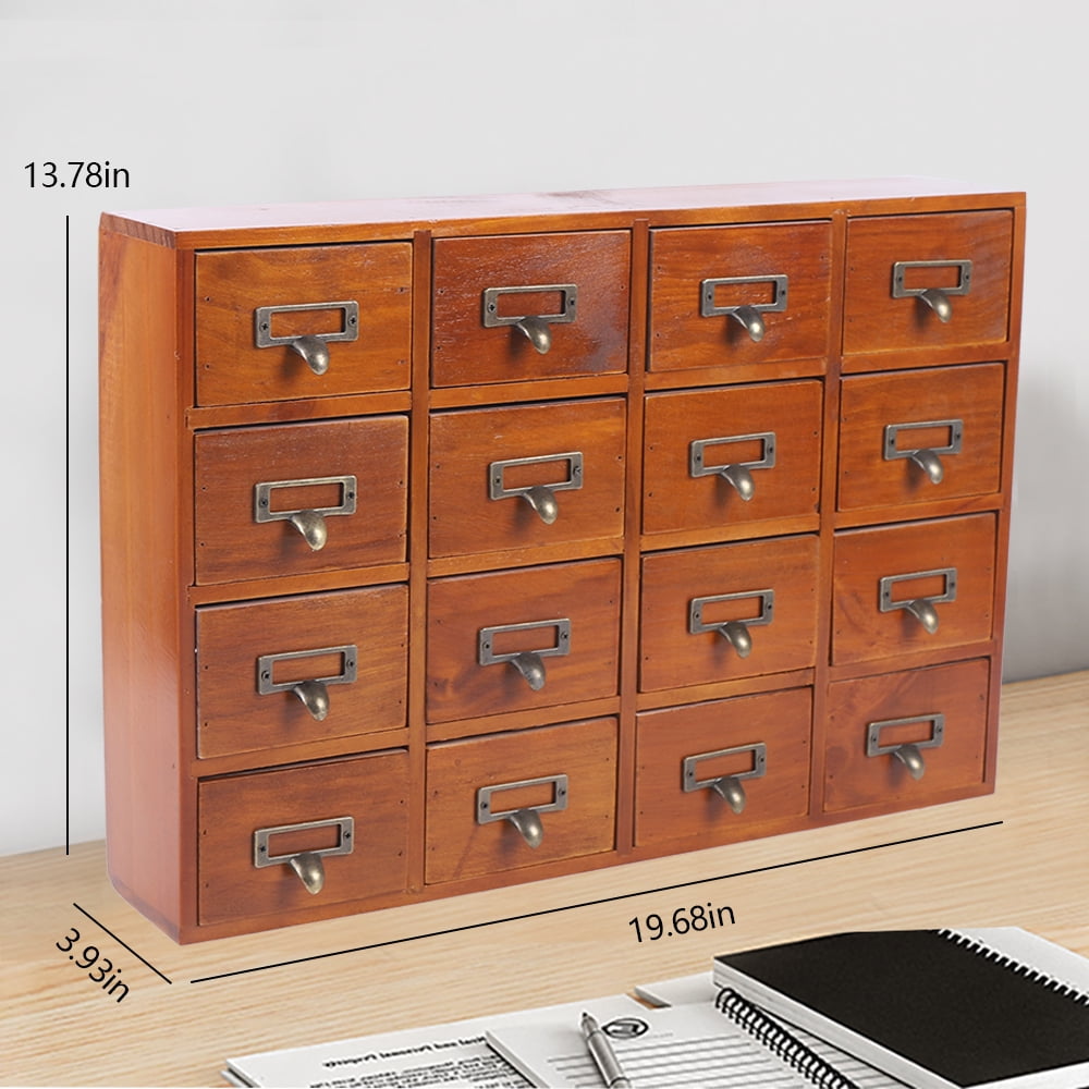 Loyalheartdy 16 Drawers Desk Drawer Organizer Retro Apothecary Medicine Cabinet Wooden Storage Box Label Holder 20x4x14In