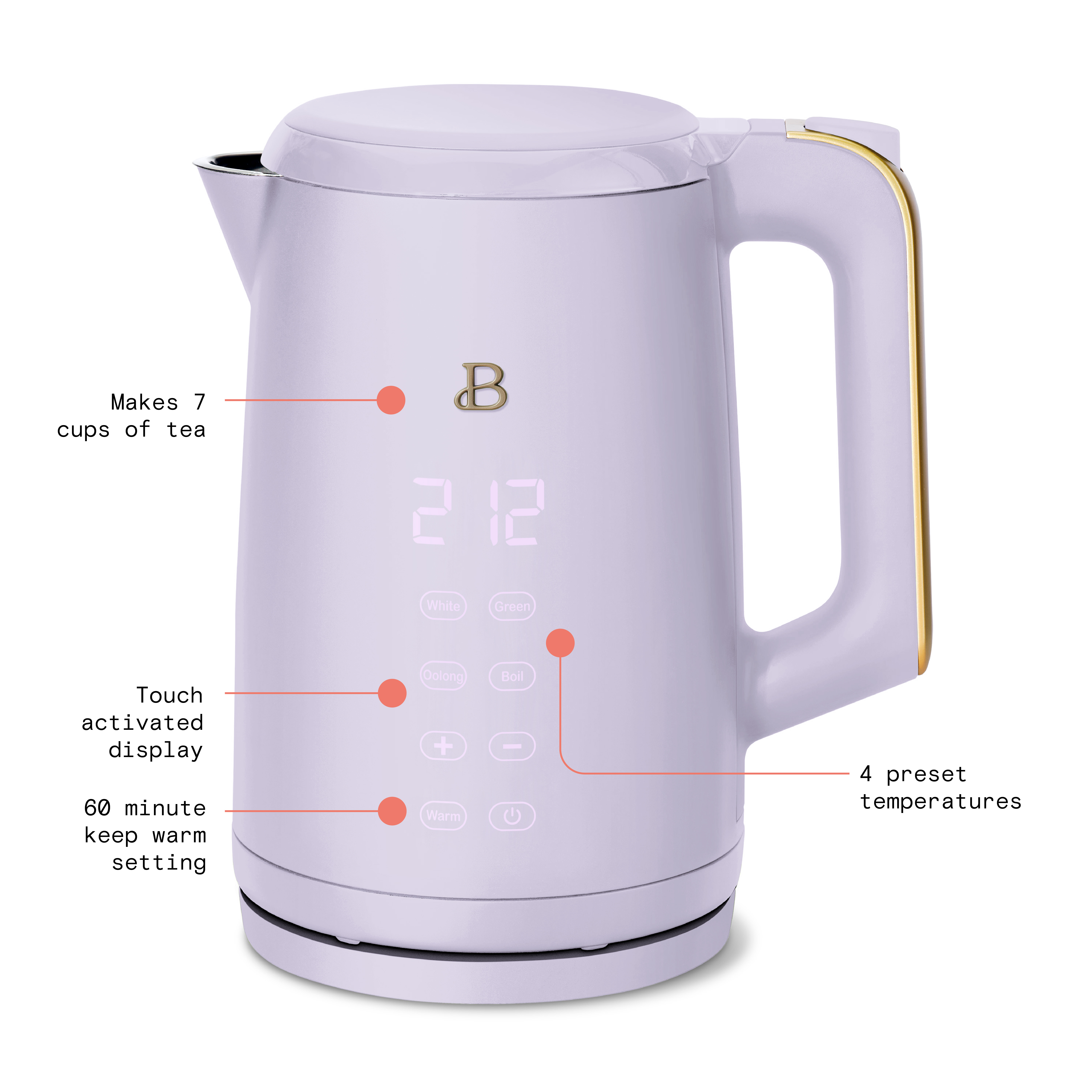 Beautiful 1.7-Liter Electric Kettle 1500 W with One-Touch Activation, Lavender by Drew Barrymore - image 3 of 6