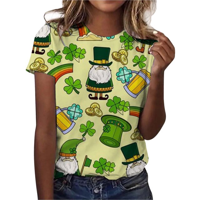 SZXZYGS T-Shirts Graphiques Vintage pour Femmes, T-Shirts à Manches Courtes Col Rond Imprimé Dessin Animé Trèfle à Quatre Feuilles pour la Saint-Patrick Été 2024