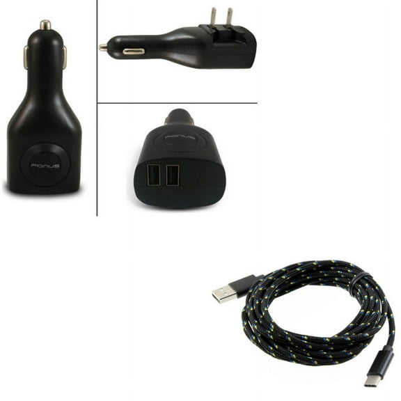 Type-C 10ft USB Cable w 2-Port USB Car Home Charger for OnePlus 9, Nord N200 5G/N100/N10 5G, Pro Phone - Charger Cord Power Wire, 2-in-1 Power Adapter D3K for OnePlus 9, Nord N200 5G/N100/N10 5G, Pro