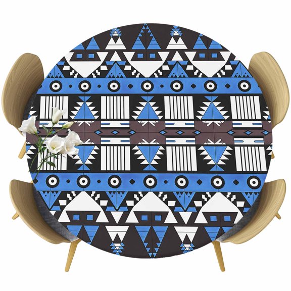 Blue Black Geometric Round Tablecloth 45-54 Inch Round Fitted Table Cloth with Elastic Edge, Modern Aztec Abstract Pattern Waterproof Table Cover Protector for Outdoor Picnic Party Dining