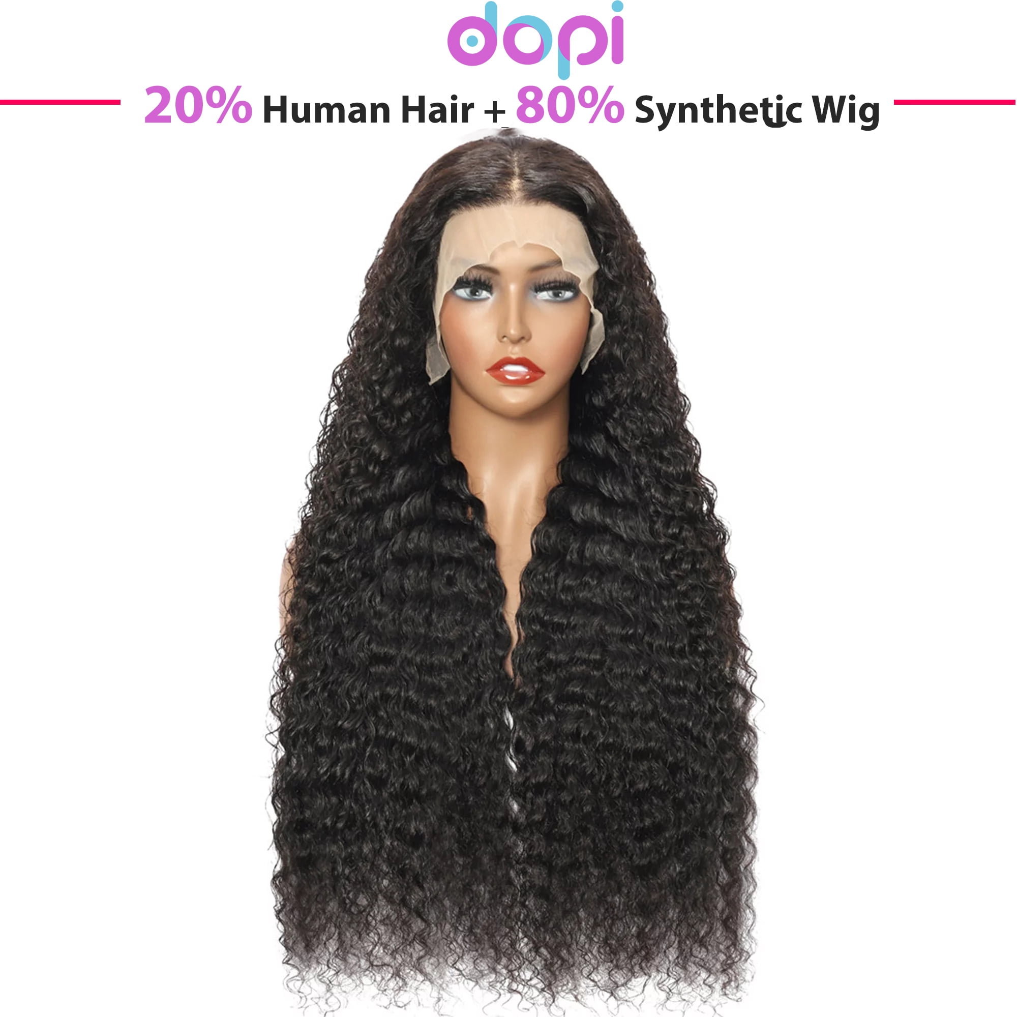 DOPI 32Inch Deep Wave Lace Front Wigs Human Hair Lace Frontal Wigs For Black Women Hair 13x6 Transparent Lace（80%Synthetic Wig x 20%Human Hair）