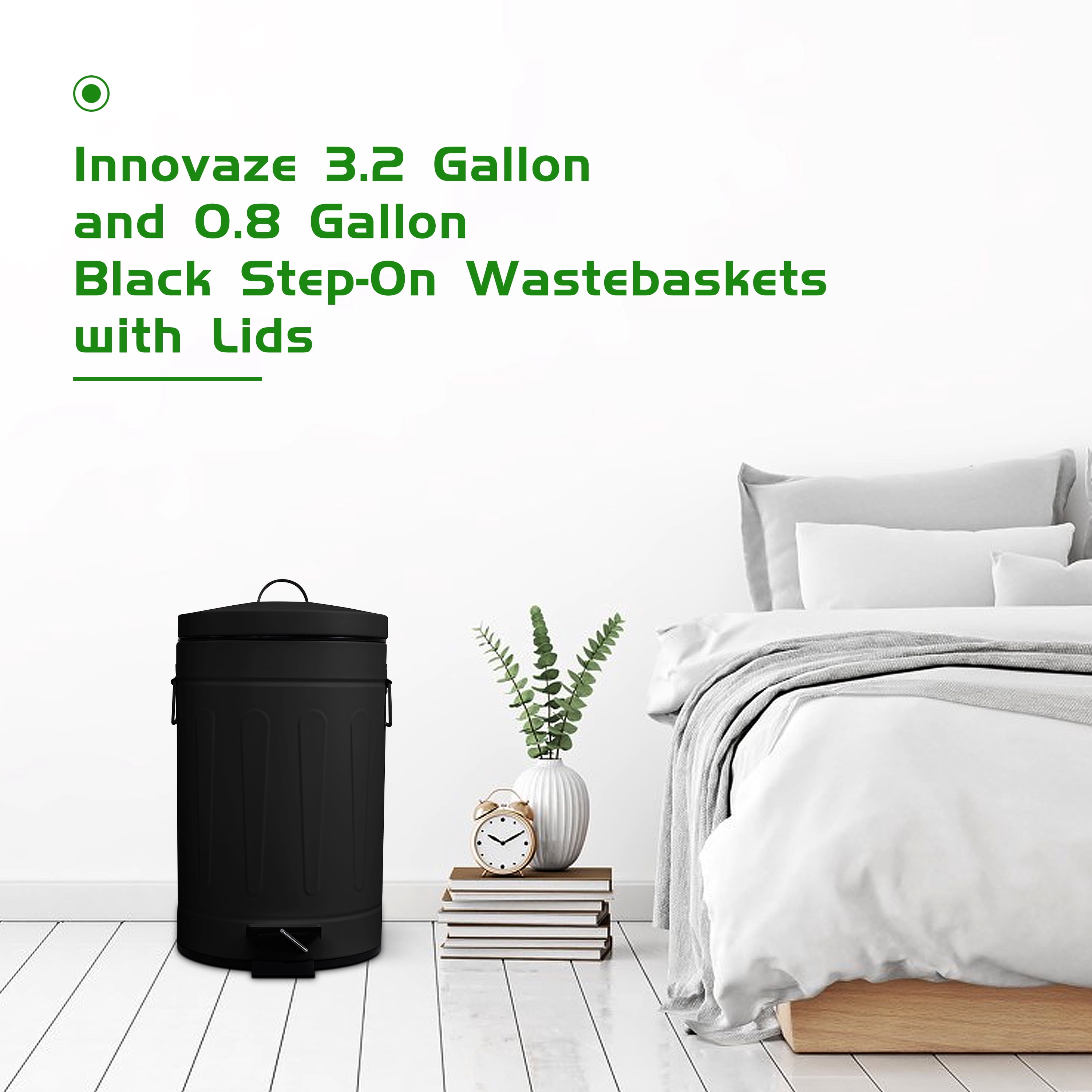 Innovaze 3.2 Gallon and 0.8 Gallon Round Bathroom and Office Carbon Steel Step Trash Can Set,White