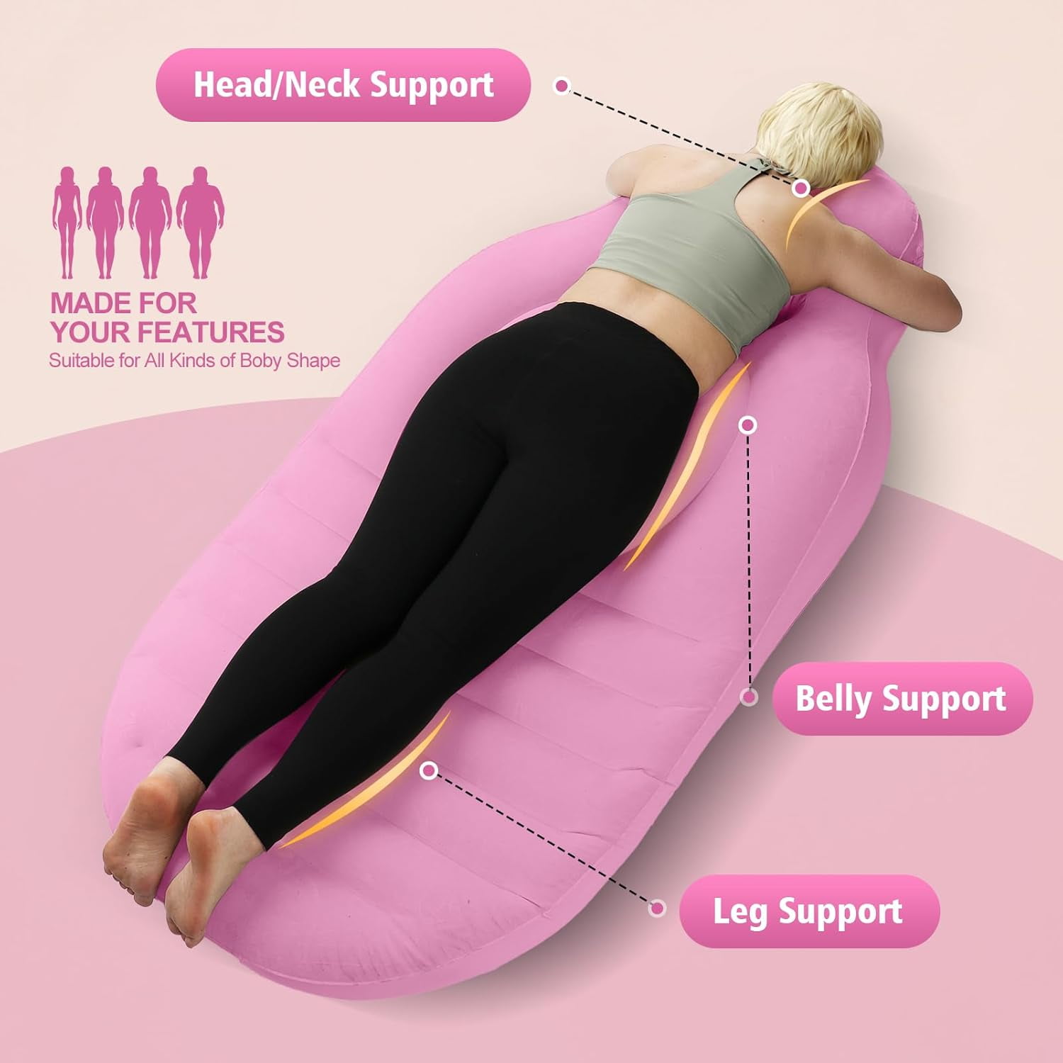 Hemvt Portable Maternity Pillow for Side & Stomach Sleepers, Inflatable Pregnancy Airbed with Belly Support Hole, Full-Body Comfort for Pregnant Women, Travel-Friendly, Gray