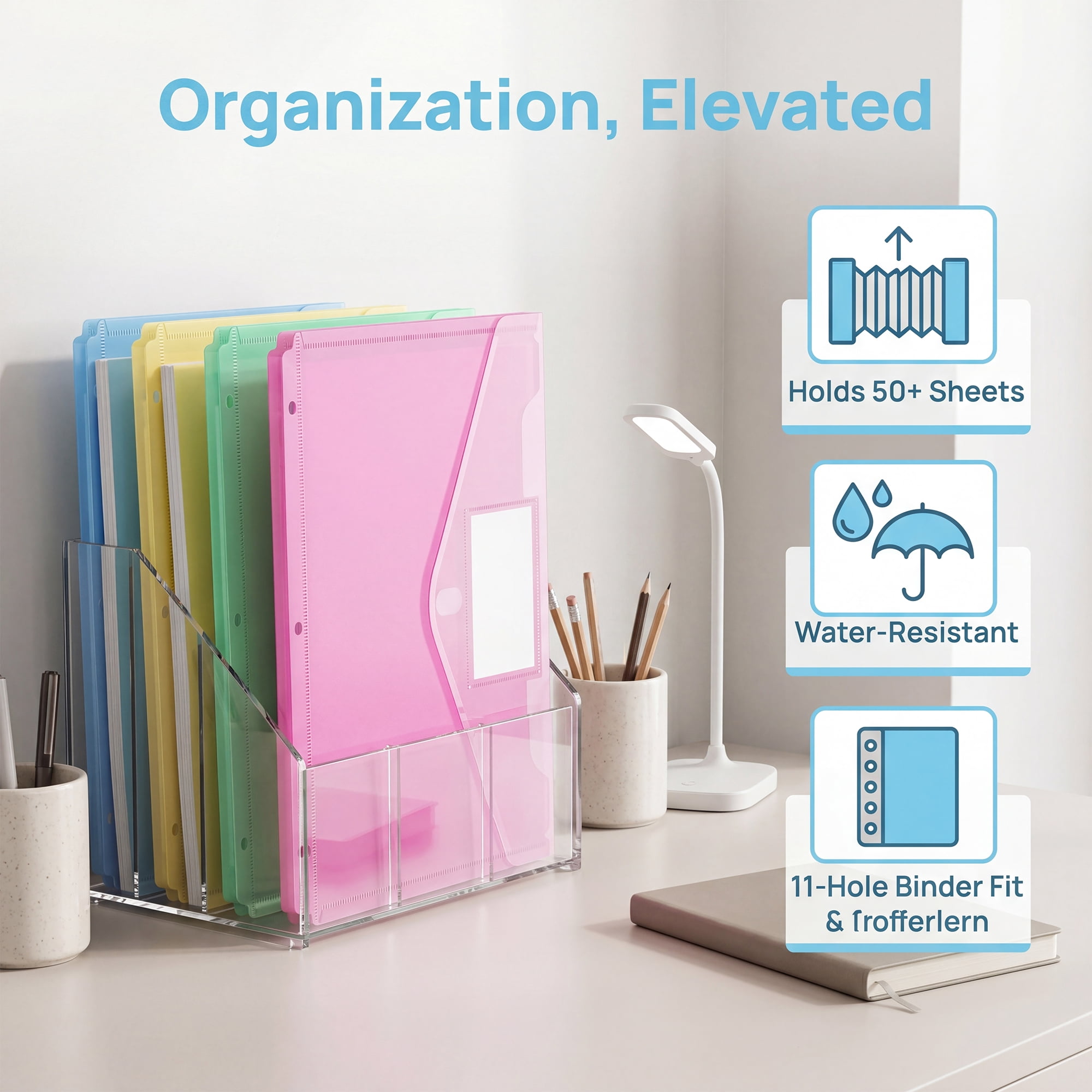 10Pack Heavy Duty 2 Pocket Plastic Folders with Clear Front Pocket, 3 Hole Punch, Assorted Colors