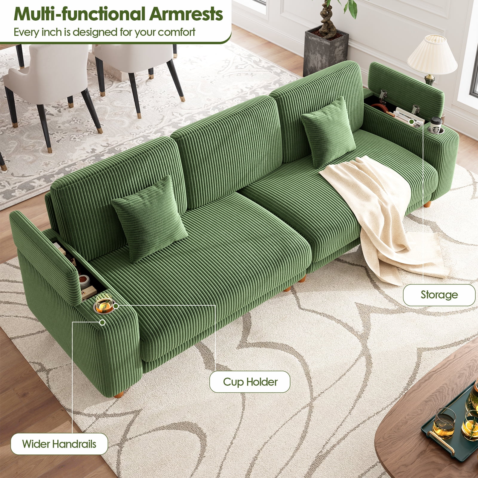 Patbrela 101" Oversized Corduroy Sofa with Storage, 24" Extra Deep Seat Couch, Comfy Upholstered with Cup Holder, 2 Pillows, Green