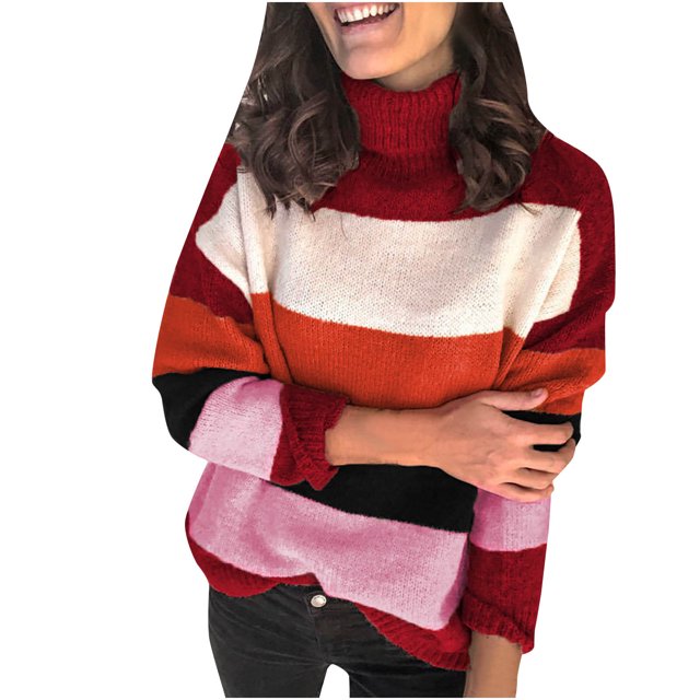 Suéteres Para Mujer Otoño Invierno Suéter A Rayas Suéter de Cuello Alto Casual Patchwork Manga Larga Abrigo de Punto Grueso Odeerbi ODB178321