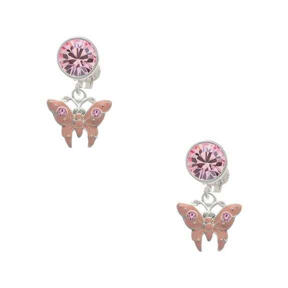 Delight Jewelry Silvertone Pink Butterfly with 2 Pink Crystals Pink Crystal Clip on Earrings