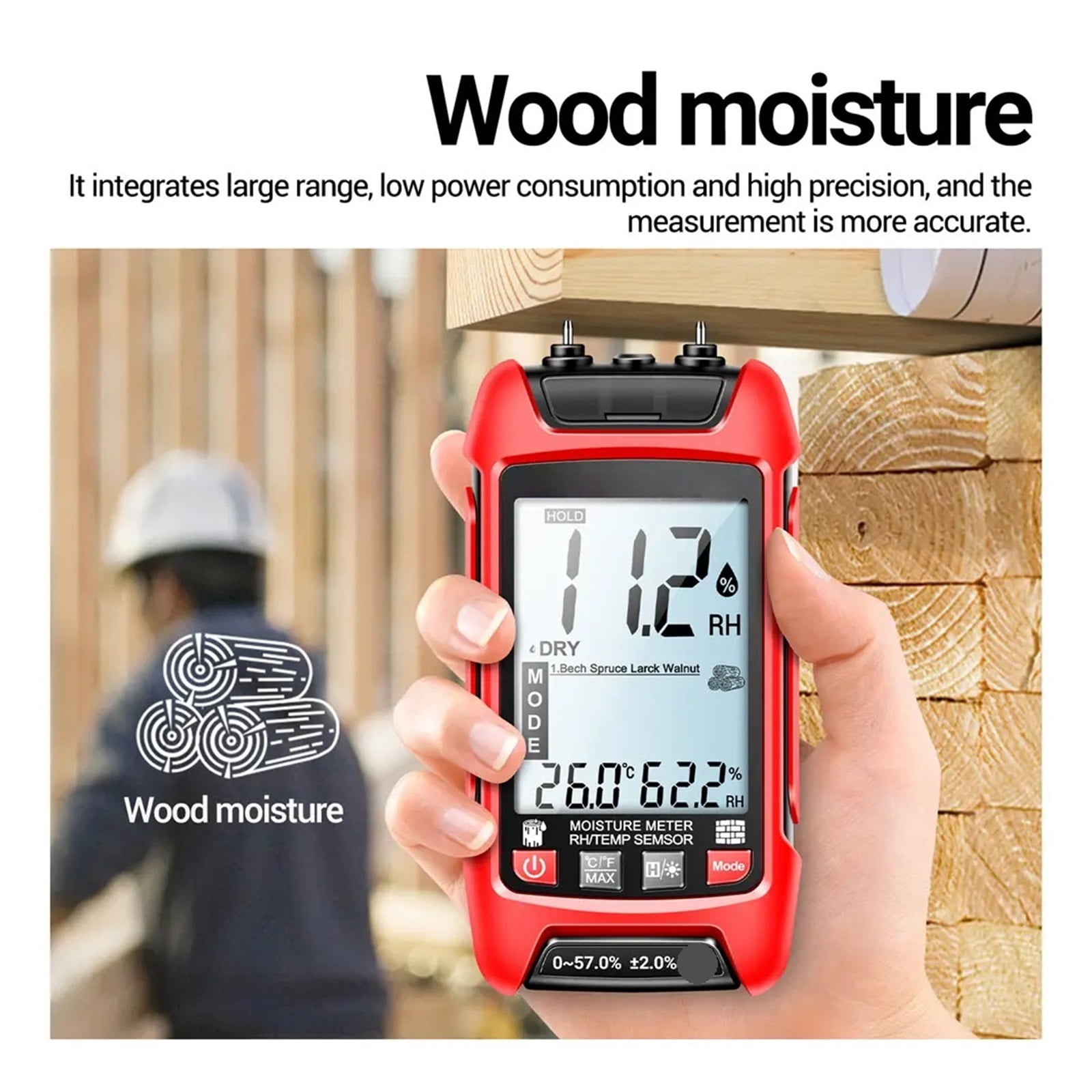 Probe Wood Moisture Detector Timber Hygrometer Display Digital Backlight Temperature Humidity Meter