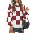 thumbnail image 2 of Women'S Fall Fashion Roll-Neck Long Sleeve Plaid Ribbed Knit Loose Pullover Sweater Tops Burgundy Checkered XL, 2 of 9