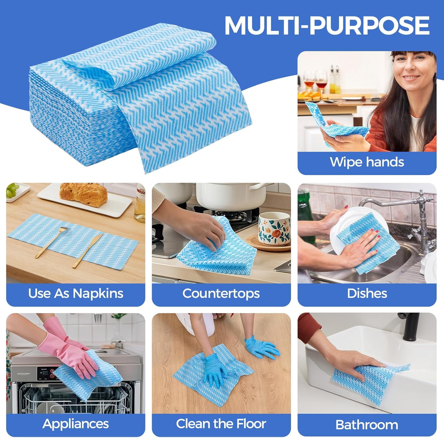 Reusable Cleaning Towels, Multi-Purpose Handy Towel, Blue Handi Wipe Reusable Cloths, Disposabel Dry Kitchen Wipes, Dish Cloths, Durable, Absoebent,Dry Quickly, 50 Count