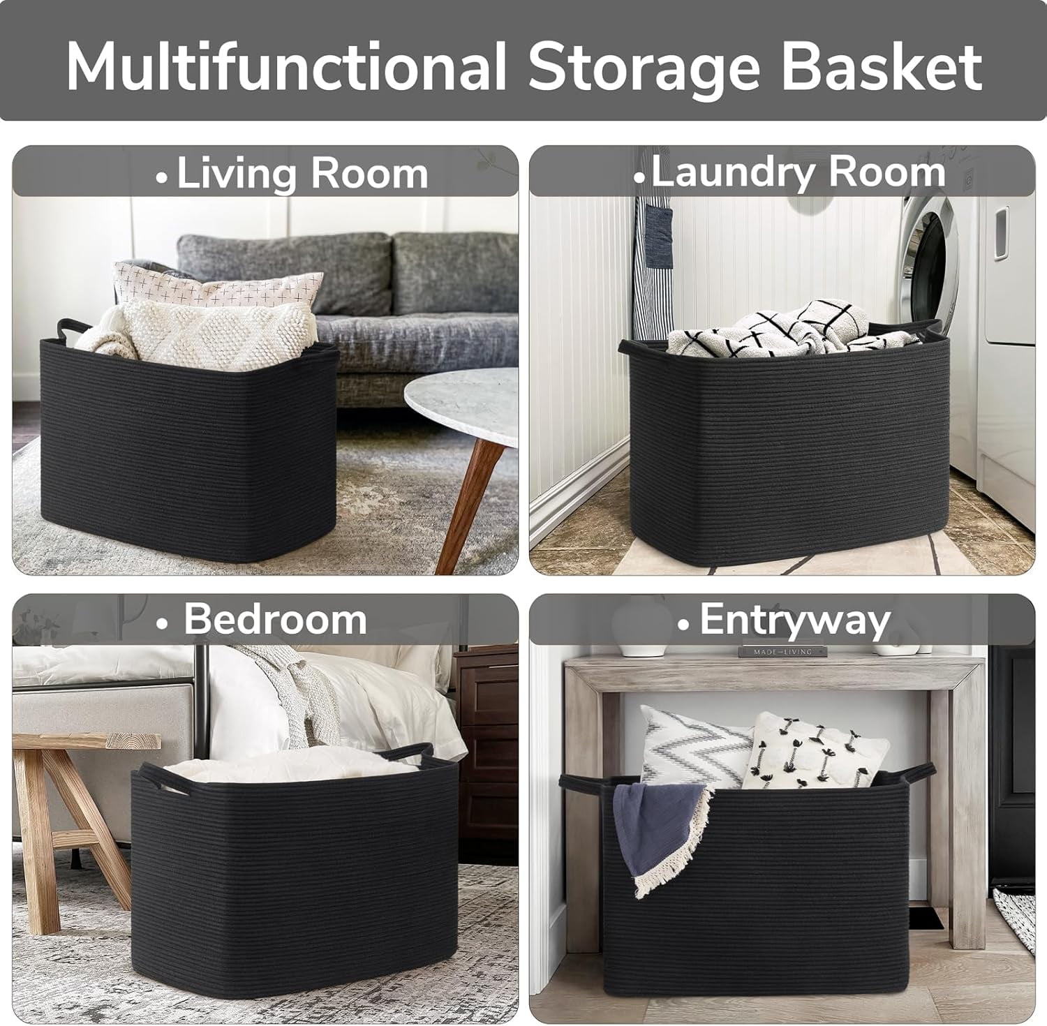 PrimeCook Shop Large Woven Storage Basket, 105L Extra Large Blanket Basket for Living Room, Bedroom, Rectangle Cotton Rope Organizer for Toy Storage, 25”x16”x16”, Black